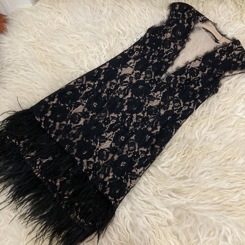Aidan by Aidan Mattox V-Neck Cap-Sleeve Lace Cocktail Dress w/ Feather Hem - Picture 6 of 10